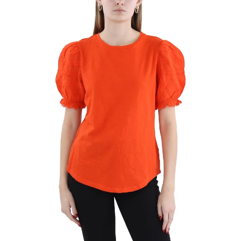 Womens Pintuck Crewneck Pullover Top Short Sleeve Top