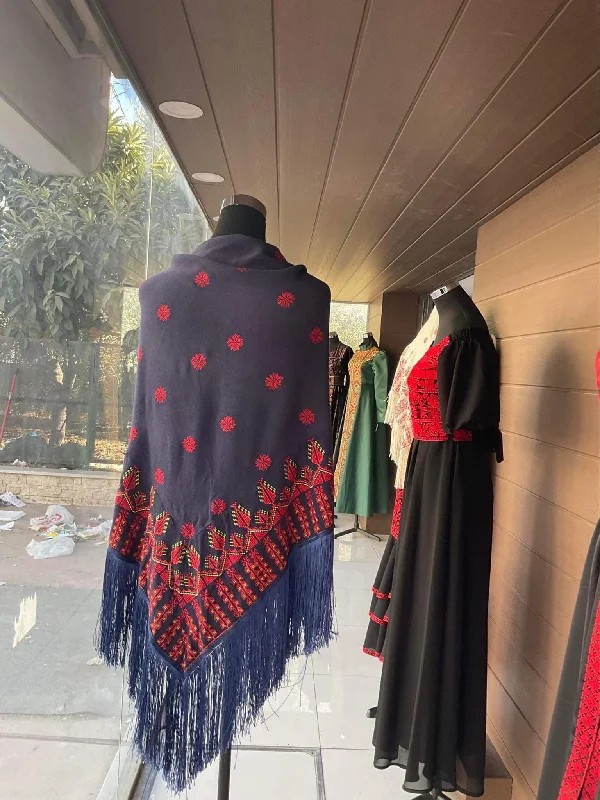 Navy embroidered Etamine shawl with stylish machine embroidery Cozy Wool Shawl Scarf