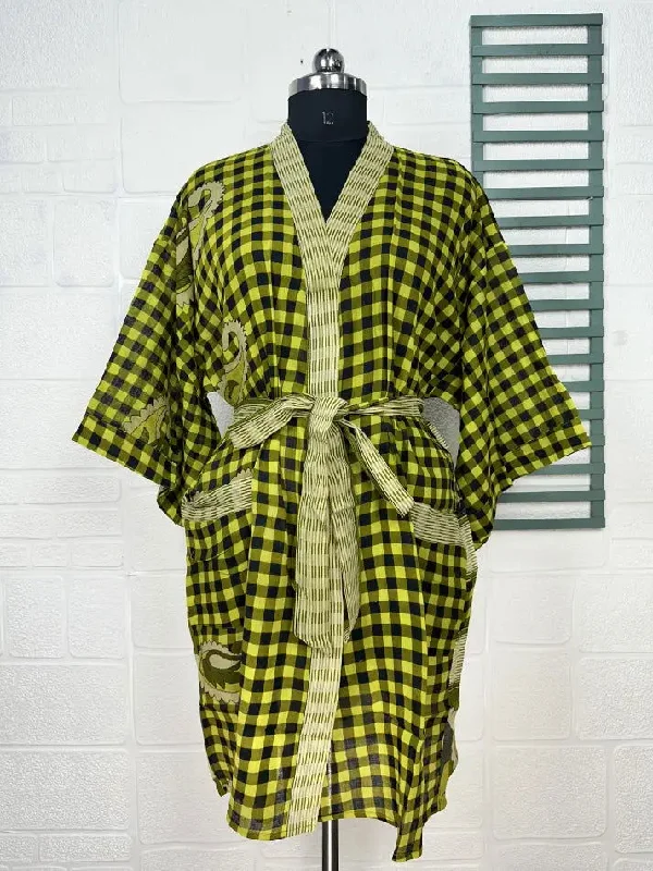 Recycled Pure Cotton Vintage Kimono Open Jacket Boho Summer TieDye House Robe, Beach Coverup | Yellow Black Paisley Style Print Front Pockets Side Pockets Patch Pockets