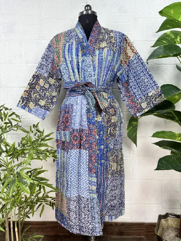 Kantha Pure Cotton Reversible Long Kimono Women Jacket Patchwork Print Blue White Tiered Jacket Buttoned Jacket Zippered Jacket