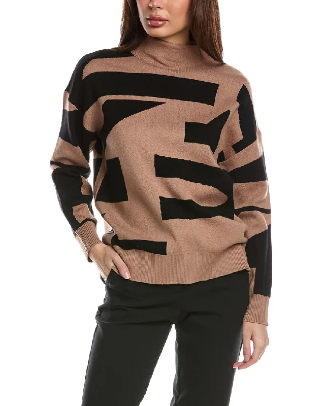 T Tahari Abstract Pattern Mock Neck Pullover Blouson Sleeve Pullover