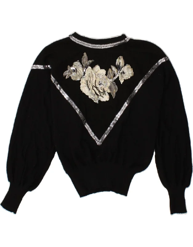 VINTAGE Womens Batwing Boat Neck Jumper Sweater UK 14 Large Black Floral Handmade Hand-knitted Hand-woven VINTAGE Womens Batwing Boat Neck Jumper Sweater UK 14 Large Black Floral Handmade Hand-knitted Hand-woven