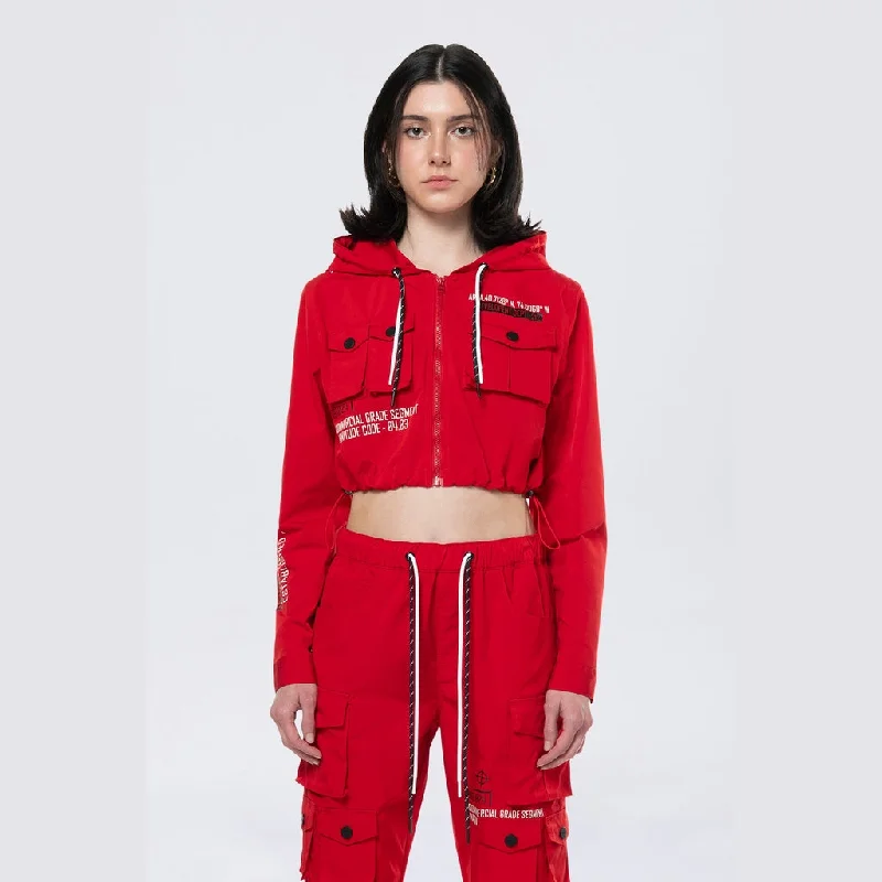 Hooded Utility Full Zip Jacket - True Red Embroidered Jacket Appliqued Jacket Beaded Jacket Hooded Utility Full Zip Jacket - True Red Embroidered Jacket Appliqued Jacket Beaded Jacket