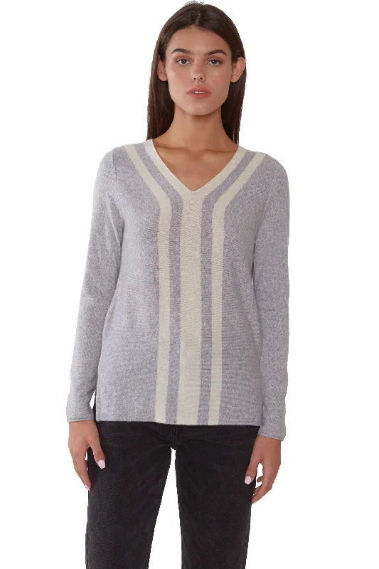 J CASHMERE WOMEN'S 100% CASHMERE STRIPE V NECK SWEATER Neon Metallic Matte