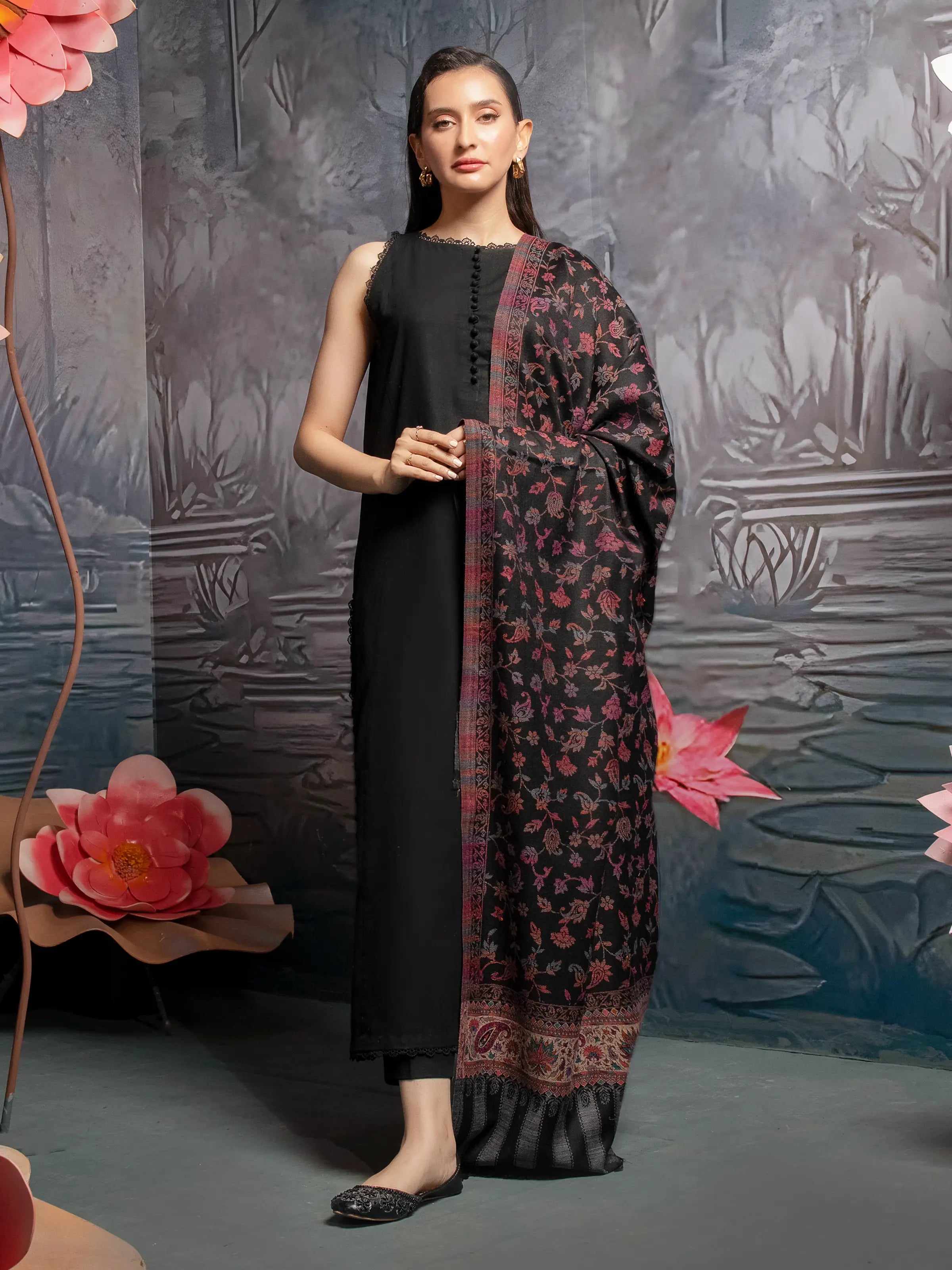 Pashmina Jacquard Zari Shawl - EWMS5-038 Elegant Velvet Shawl Wrap