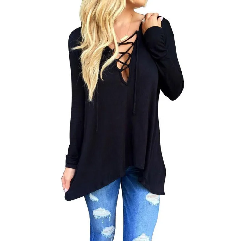 Deep V-neck Blouse Women Front Plunge Lace up Hooded Tops Women's Casual Loose Shirts Pullover Black Tapered Sleeve Pullover