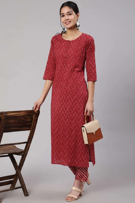 Burgundy Cotton Ethnic Printed Straight Kurta With Trouser Cropped Trousers Casual Linen