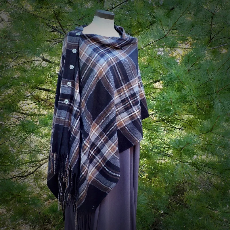 Button Shawl~Cashmere Blend Plaids Chic Embroidered Shawl Wrap