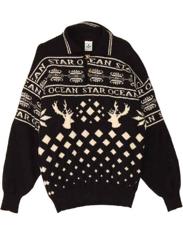 OCEAN STAR Womens Polo Neck Jumper Sweater IT 52 2XL Black Fair Isle Wool Soft Cozy Warm OCEAN STAR Womens Polo Neck Jumper Sweater IT 52 2XL Black Fair Isle Wool Soft Cozy Warm