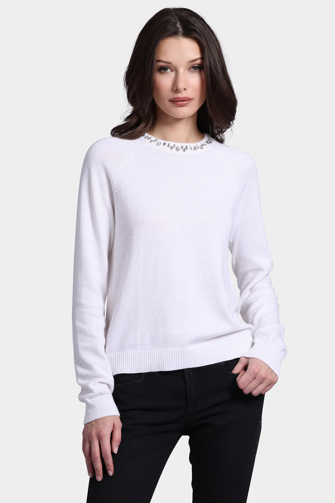 WHITE COTTON CASHMERE JEWEL NECK SWEATER Hooded Sweater Collared Sweater Shawl Collar