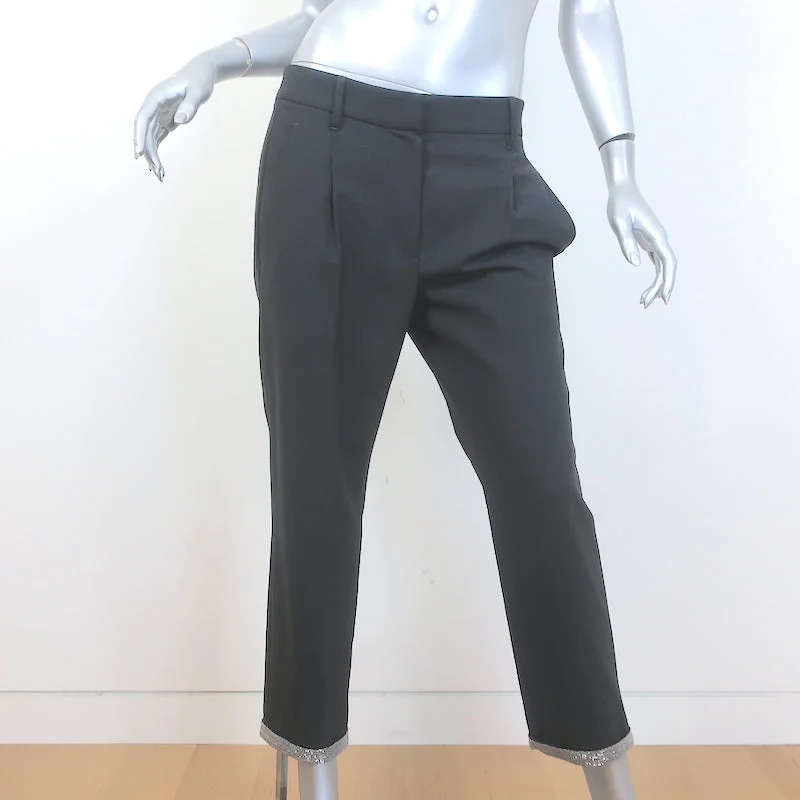 Brunello Cucinelli Monili-Cuff Trousers Charcoal Stretch Wool Size 42 Trousers Capri Summer