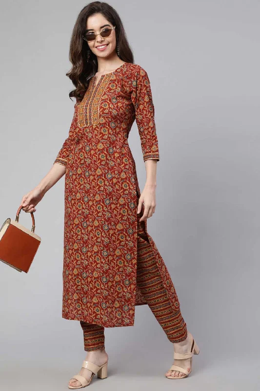 Maroon Cotton Ethnic Printed Straight Kurta With Trouser High Waist Slim Fit Ankle Length