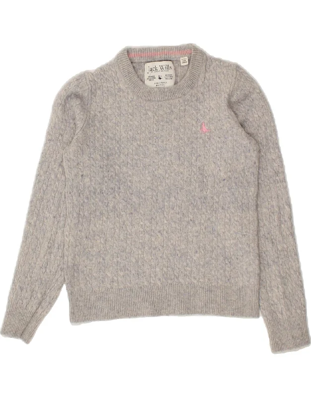 JACK WILLS Womens Crop Crew Neck Jumper Sweater UK 12 Medium Grey Striped Mesh Blend Leather Blend Suede Blend