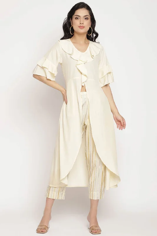 Women Off White Layered Kurta With Trousers Trousers Elastic Waist Soft