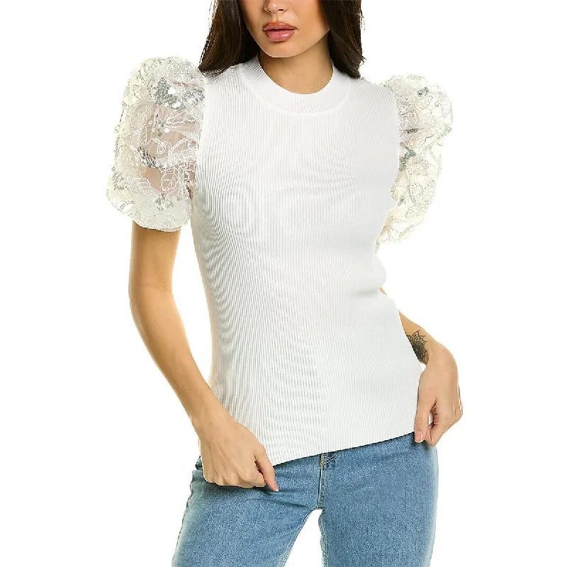 Womens Sequined Puff Sleeve Pullover Top Three Quarter Sleeve