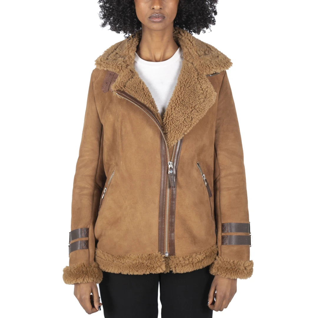 Women's Sheepskin Leather Cross Zip Flying Aviator Jacket Camel Brown Fur Belted Jacket Elasticated Jacket Padded Jacket