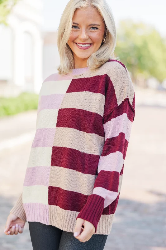 All About You Burgundy Red Striped Sweater Denim Fabric Leather Fabric Suede Fabric
