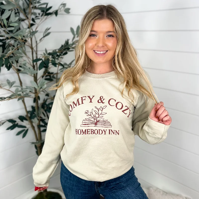 Stay at the Homebody Inn Cotton Blend Long Sleeve Sand Avery Mae Graphic Crewneck Sweatshirt Hoodie with Ribbed Cuffs Snug Fit Comfort