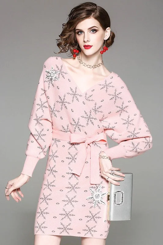 V Neck Snowflake Sweater Dress Houndstooth Herringbone Solid