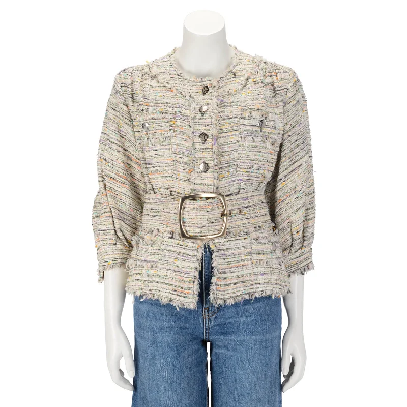 Chanel Pastel Fantasy Tweed Belted Jacket FR 38 Front Pockets Side Pockets Patch Pockets