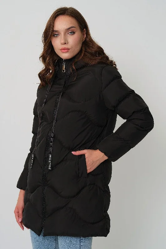 Women's Black Hooded Cord Detailed Down Jacket Hooded Jacket Caped Jacket Shawl Collar Jacket