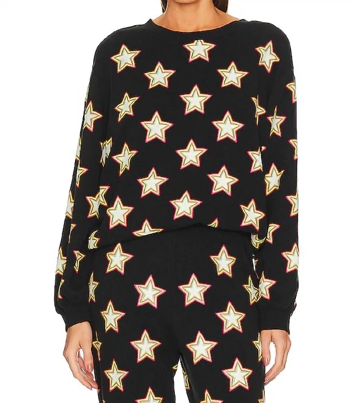 Star Toss Pullover Top In Black Shirred Sleeve Feminine