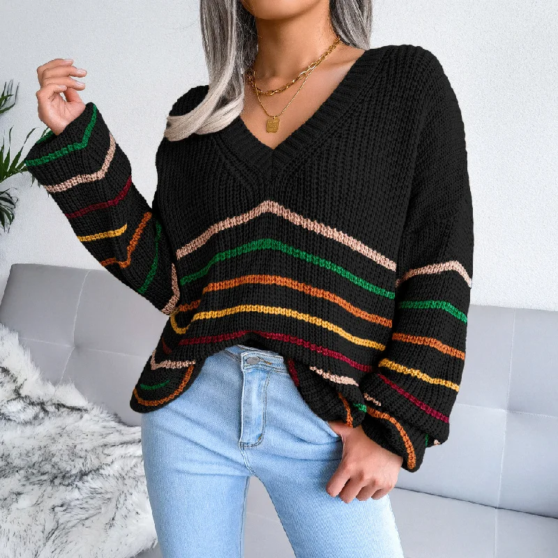 Women Casual Rainbow Stripe Loose V Neck Long Sleeve Knitted Sweater Mesh Sweater Canvas Denim