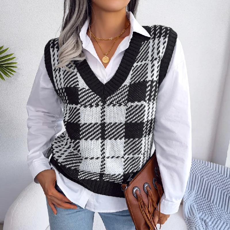 Women Fashion Casual Color Block Plaid Knitted Vest Sweater Faux Fur Fabric Real Fur Fabric Shearling Fabric