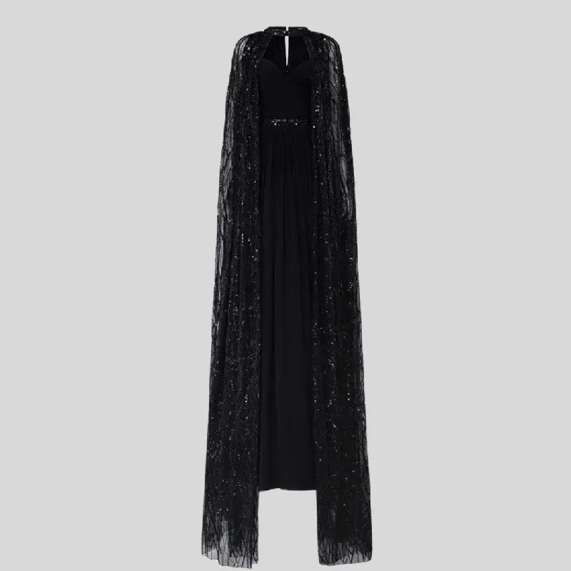 Shiny Lace Shawl Gown Elegant Floor Length Black Dress Trendy Boho Style Shawl