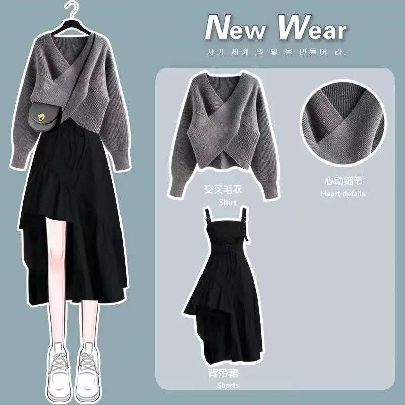 Yipinpay Women's Spring Autumn Chic V-Neck Knitted Sweater Irregular Sling Skirt 2 Piece 2024 New Matching Set Korean Elegant Dress Suit Iron Safe Non-Iron Wrinkle Free