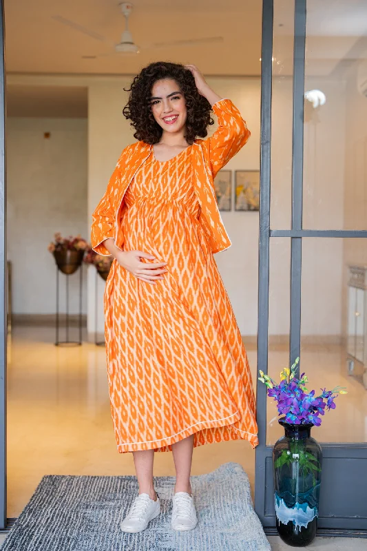 Vibrant Tangerine Ikat Maternity Dress With Jacket (100% Cotton) (2Pc) Denim Jacket Leather Jacket Suede Jacket