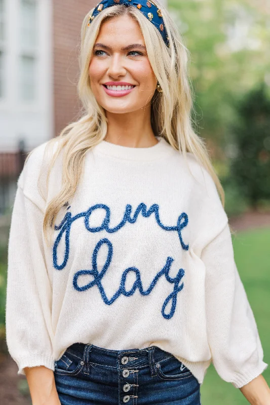 It's Game Day Ivory/Navy Puff Sleeve Sweater Long Sweater Short Sweater Cropped Sweater