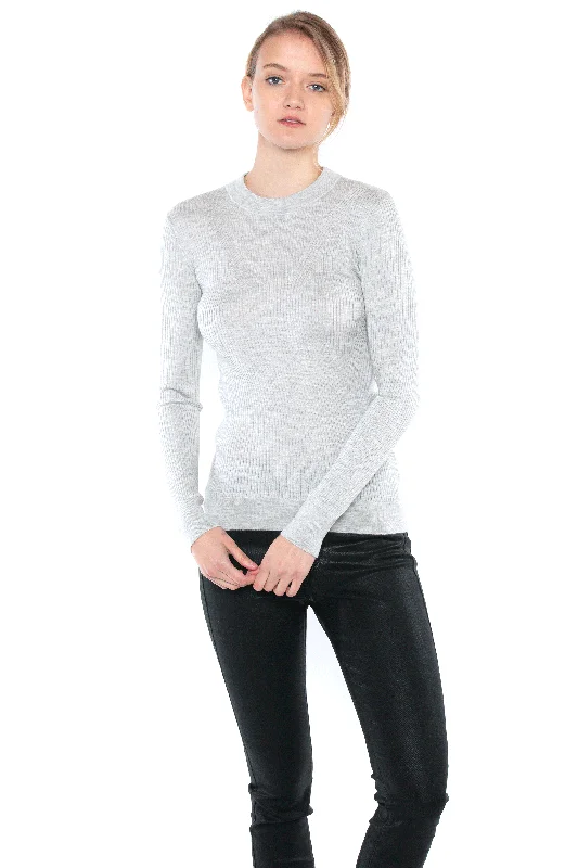 JENNIE LIU TISSUE WEIGHT 55% SILK 45% CASHMERE RIBBED LONG SLEEVE CREW NECK SWEATER Embroidered Appliqued Beaded