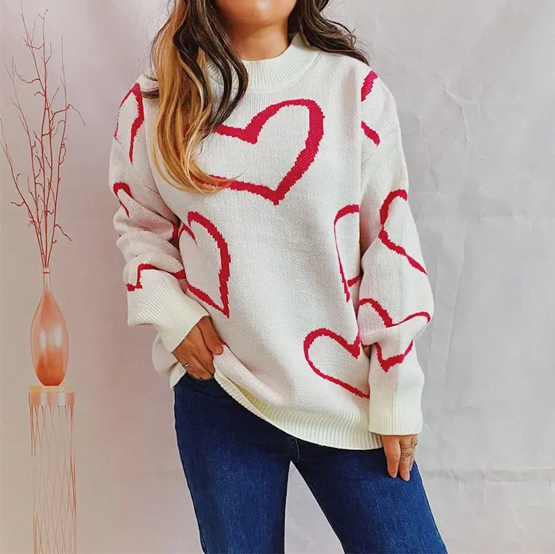 Winter Fashion Romantice Valentine Round Neck Heart Color Contrast Loose Jacquard Pullover Knitted Sweater Zippered Buttoned Snapped