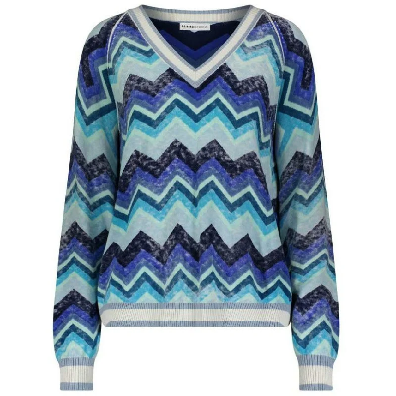 REVERSE CHEVRON PRINT LONG SLEEVE V-NECK SWEATER Chenille Blend Fleece Blend Nylon Blend