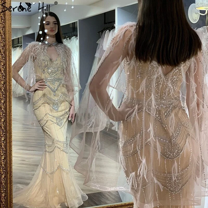 Nude Silver Mermaid V-Neck Sexy Evening Dresses 2024 Sleeveless Feathers Shawl Yarn Diamond Formal Dress Serene Hill LA70171B Classic Wool Shawl Wrap