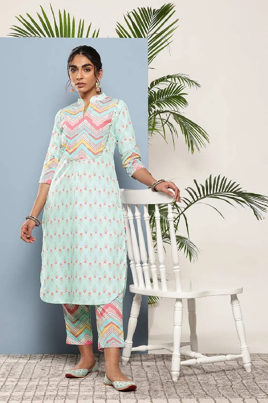 Sky Blue Poly Crepe Printed Kurta Trousers Set Trousers Top Rated