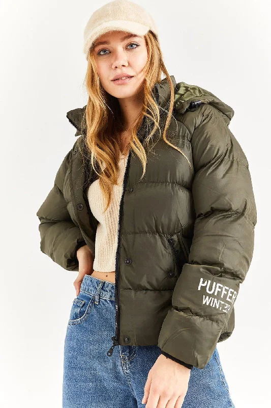 Women's Khaki Hooded Print Detail Down Jacket Tailored Jacket Straight Jacket A-Line Jacket