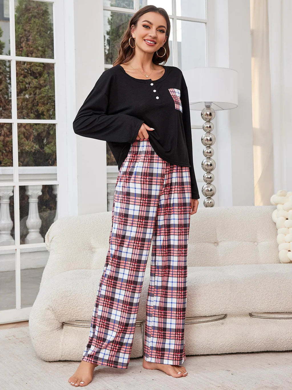 FASHION CASUAL PLAID TROUSERS LONG-SLEEVED PAJAMAS Trousers Running Lightweight