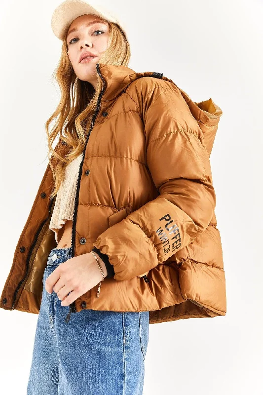 Women's Taba Hooded Print Detail Down Jacket Toggled Jacket Drawstring Jacket Belted Jacket