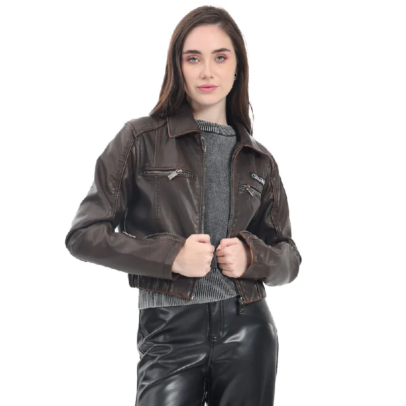 CHAMARRA PARA MUJER PU JACKET CROP WITH WASH FOREVER 21 Collared Jacket Crew Neck Jacket Turtle Neck Jacket