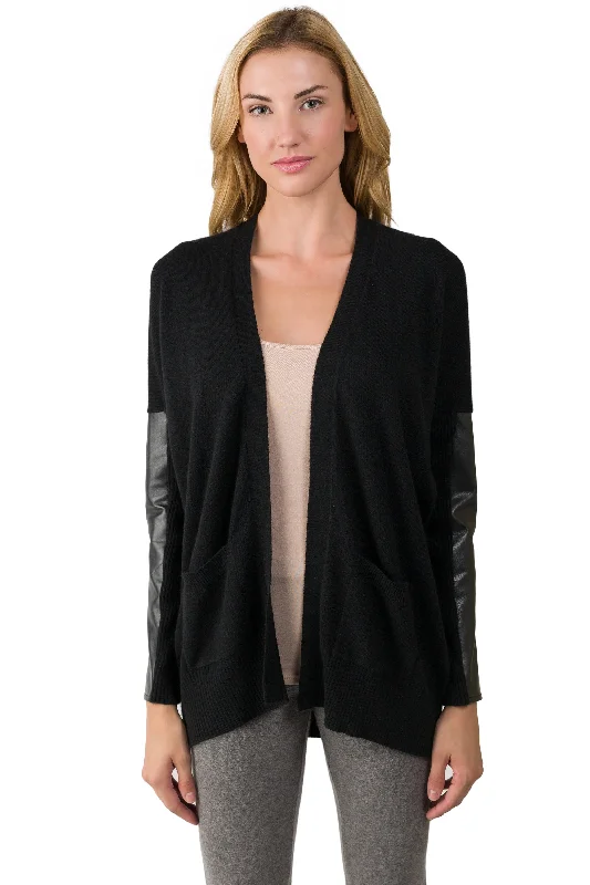 J CASHMERE Women's 100% Cashmere Long Sleeve leather Dolman Cardigan Sweater Front Pockets Side Pockets Patch Pockets