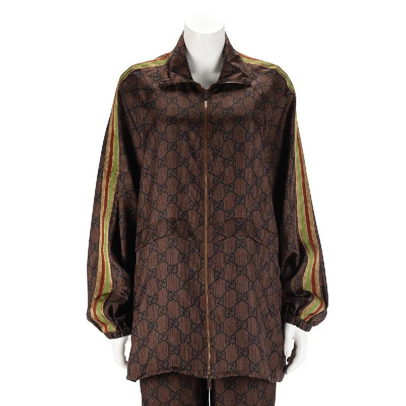 Gucci Brown Silk GG Supreme Zip Jacket L Lace Jacket Ribbed Jacket Sequined Jacket