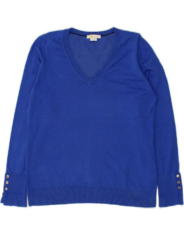 BODEN Womens V-Neck Jumper Sweater UK 16 Large Blue Cotton Solid Print Embellished