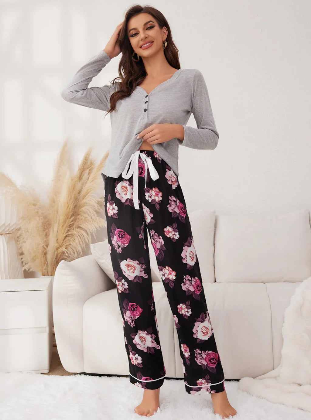 FASHION FLOWER PRINTED LONG-SLEEVED TROUSERS PAJAMAS SET Trousers Yoga Stretchy