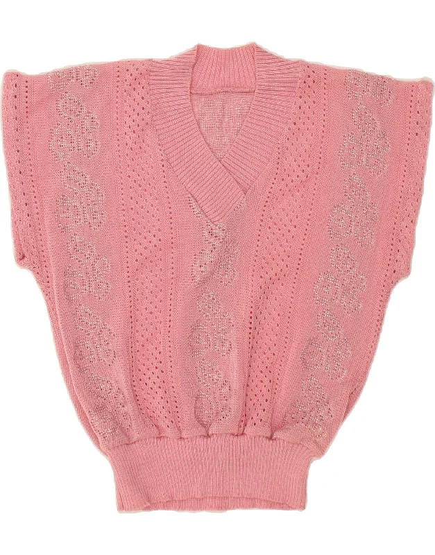 VINTAGE Womens Crop Short Sleeve V-Neck Jumper Sweater UK 14 Medium Pink Chenille Blend Fleece Blend Nylon Blend