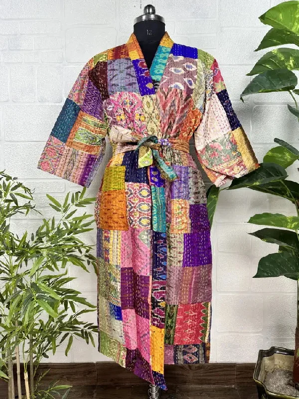 Kantha Pure Cotton Reversible Long Kimono Women Jacket Patchwork Print Multicolor Notch Collar Peter Pan Collar Cowl Neck