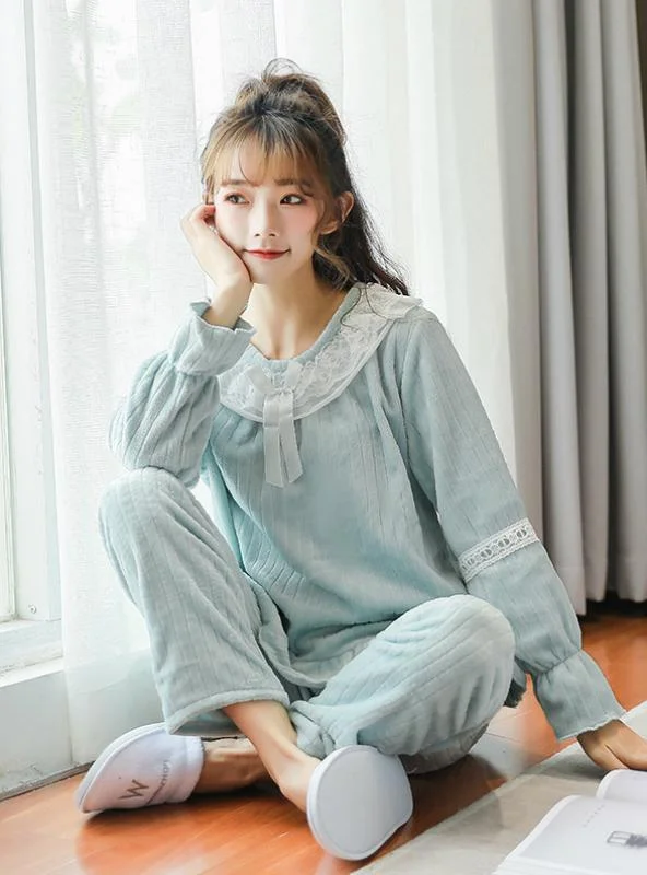 FLANNEL PAJAMAS TROUSERS SOLID LACE SWEET SLEEPWEAR Trousers Denim Blue