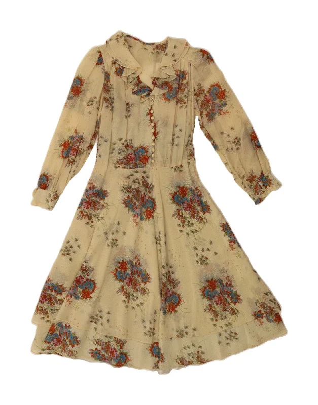 VINTAGE Womens Long Sleeve Pullover Shirt Dress UK 10 Small Beige Floral Hooded Pullover Sweater