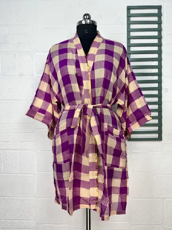 Recycled Pure Cotton Vintage Kimono Open Jacket Boho Summer TieDye House Robe, Beach Coverup | Beige Purple Check Style Print Print Jacket Jacquard Jacket Embroidered Jacket